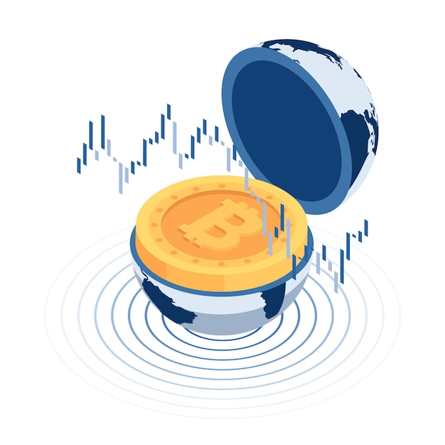 Platte 3d isometrische bitcoin binnen de wereldbol met beurs kandelaar grafiek. cryptocurrency en blockchain-concept.