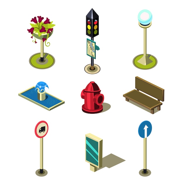 Platte 3d isometrische hoogwaardige stad straat stedelijke objecten Icon Set