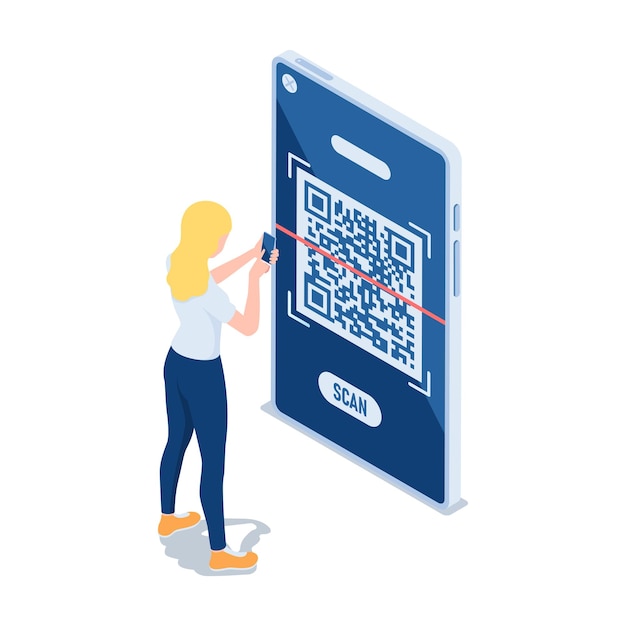 Platte 3d isometrische vrouw gebruik Smartphone QR-code scannen. Qr-code verificatie technologie concept.