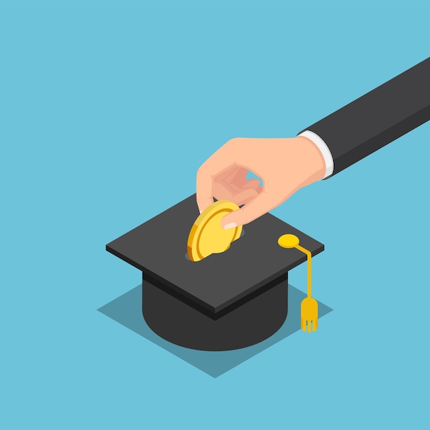 Platte 3d isometrische zakenmanhand die gouden munt in graduatiepet zet Onderwijsbesparingsconcept