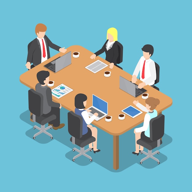 Platte 3d isometrische zakenmensen vergadering, teamwerk en conferentie bedrijfsconcept