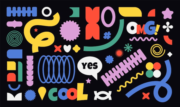 Vector platte abstracte retro vormen achtergrond met geometrische kleurrijke figuren op zwart