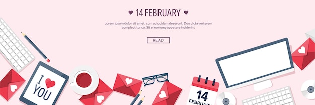 Vector platte achtergrond met werkplaats liefde en harten valentines dag wees mijn valentine februari vector