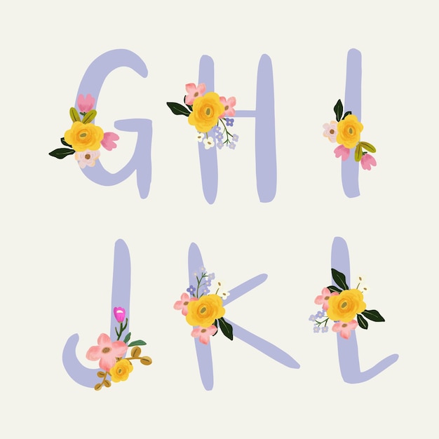 Platte alfabet met handgetekende bloemenboeket