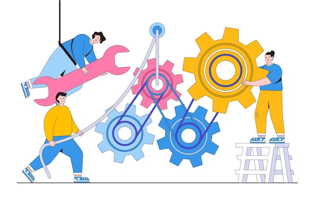 Platte bedrijfsproces en team werken met tandwielen en tandwielconcept Overzicht ontwerpstijl minimale vectorillustratie