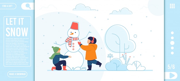Vector platte bestemmingspagina met gelukkige kinderen sneeuwpop maken