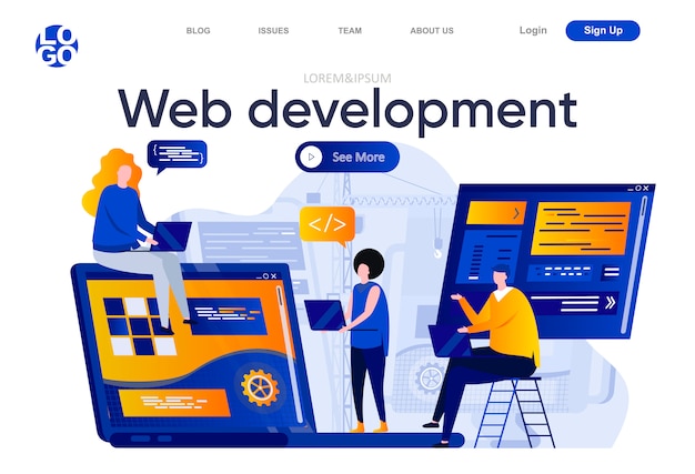 Platte bestemmingspagina voor webontwikkeling. Creatief team van ontwerpers en ontwikkelaars werken samen illustratie. Full stack ontwikkeling, software engineering webpagina samenstelling met personages