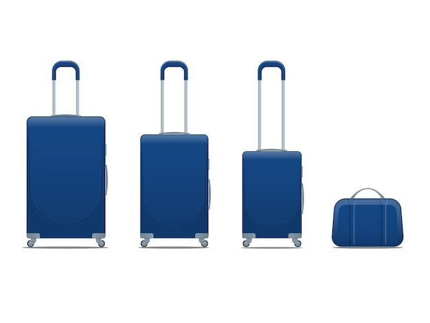 Vector platte blauwe zakelijke en familie vakantie reisbagage tas handtas bagage modern aantal koffers en rugzakken geïsoleerd op wit