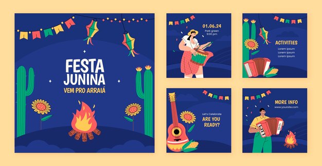 Vector platte braziliaanse festas juninas instagram posts collectie