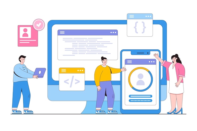 Platte business ontwikkelaar team bezig met apparaat monitor concept Overzicht ontwerp stijl minimale vectorillustratie
