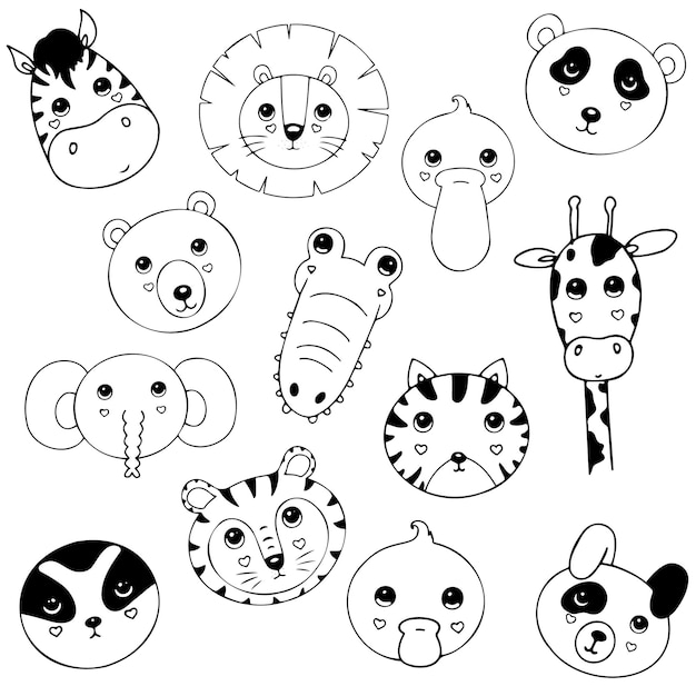 Platte cartoon doodle dierlijke gezichten monochroom pictogram cartoon vector set krokodil beer kat hond