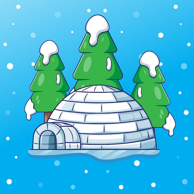 Vector platte cartoon igloo met dennenbomen en sneeuwval achtergronden in de winter illustratie mooie scène