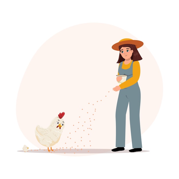 Platte cartoon illustratie van een boerin die een kip voedt met een klein kuiken