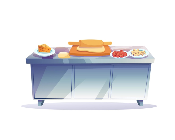 Platte cartoon kooktafel met deegroller en voedselingrediëntenhome furniturekitchen set interieur elementen vector illustratie concept