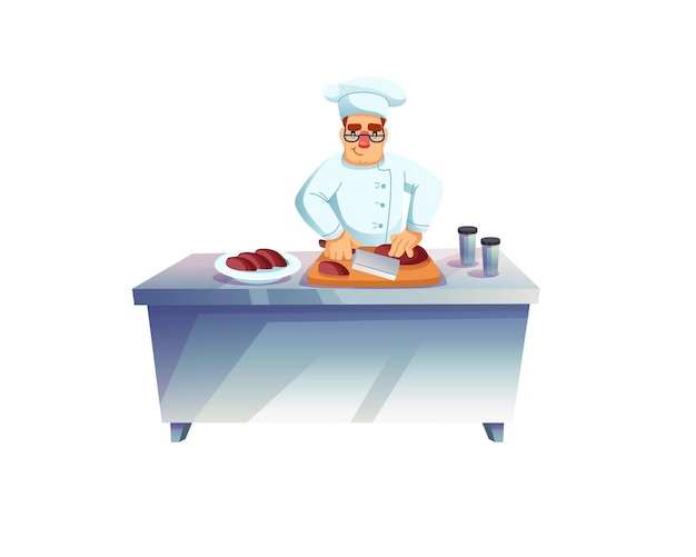 Vector platte cartoon man karakter chef-kok kookt mealcutting vleesprofessional voedsel koken workflow vector illustratie concept