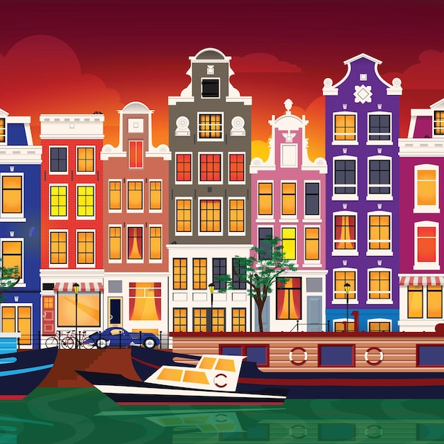 Platte cartoon multicolor kleurrijke historische gebouwen stad stad amsterdam panorama holland. vector illustratie.