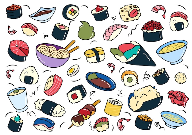 Platte cartoon set sushi-broodjes Een set geïllustreerde sushi-broodjes, zorgvuldig gemaakt
