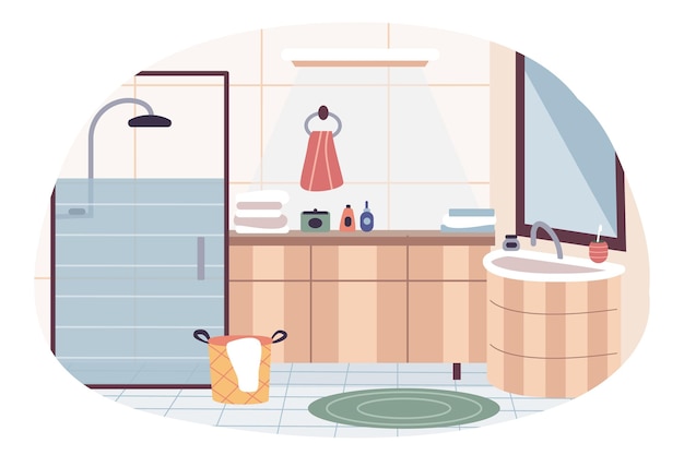 Vector platte cartoon vectorillustratie met interieur badkamer en douche