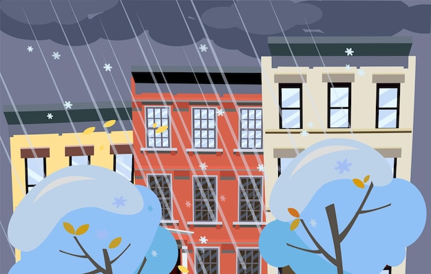 Platte cartoon vectorillustratie van winter besneeuwde stad straat donkere wolken boven de daken van huizen it