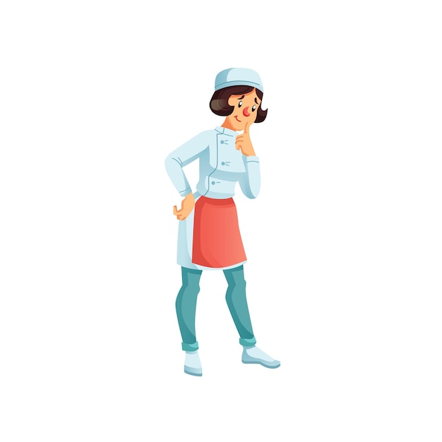 Vector platte cartoon vrouw karakter chef-kok assistent bij workthinkingrestaurant personeel en professioneel voedsel koken vector illustratie concept