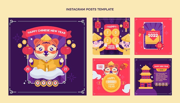 Vector platte chinese nieuwjaar instagram posts collectie