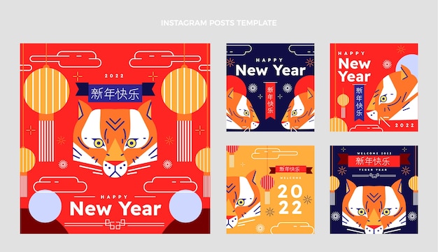 Vector platte chinese nieuwjaar instagram posts collectie