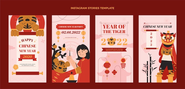 Vector platte chinese nieuwjaar instagram verhalencollectie