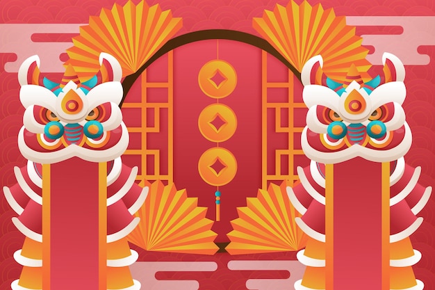 Vector platte chinese nieuwjaar leeuwendans illustratie achtergrond