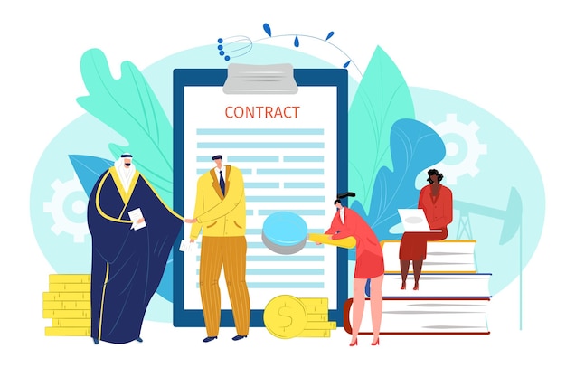 Platte contract concept zakelijke overeenkomst en partnerschap vector illustratie man vrouw mensen