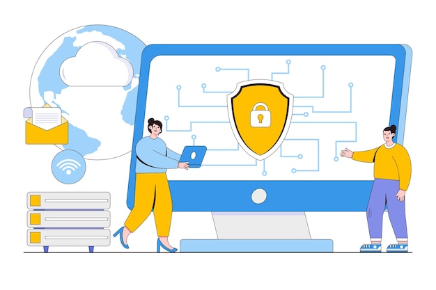 Platte cyber-beveiliging op apparaten concept overzicht ontwerpstijl minimale vectorillustratie voor landingspagina webbanner infographics held afbeeldingen