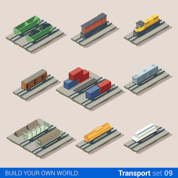 Platte d isometrische spoorweg locomotief vervoer stortbak tank transport bouwsteen infographic set