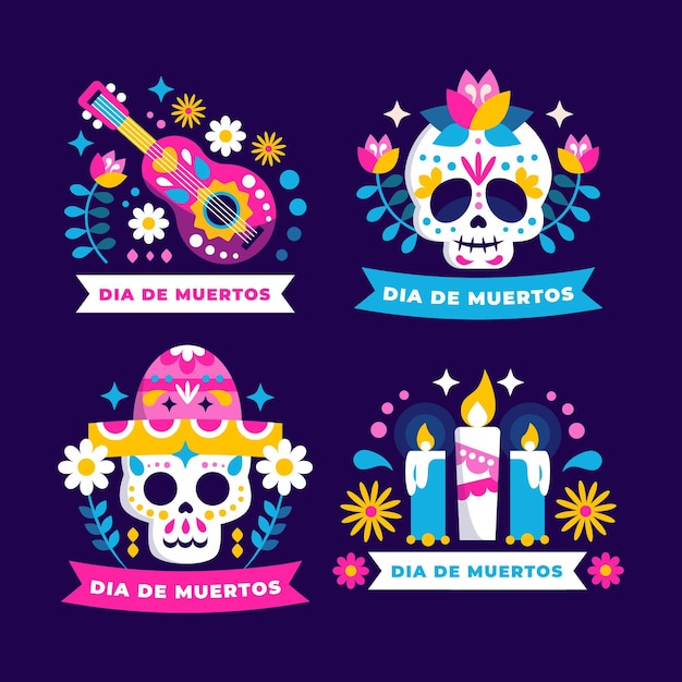 Vector platte dia de muertos badges collectie