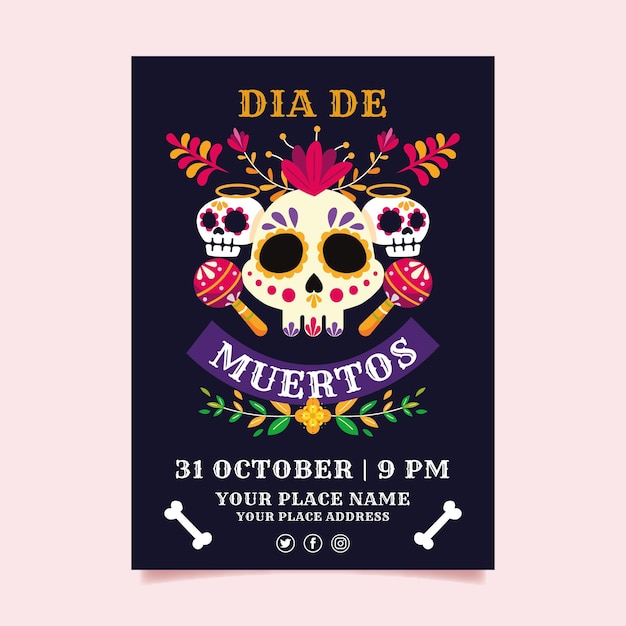 Platte dia de muertos verticale postersjabloon