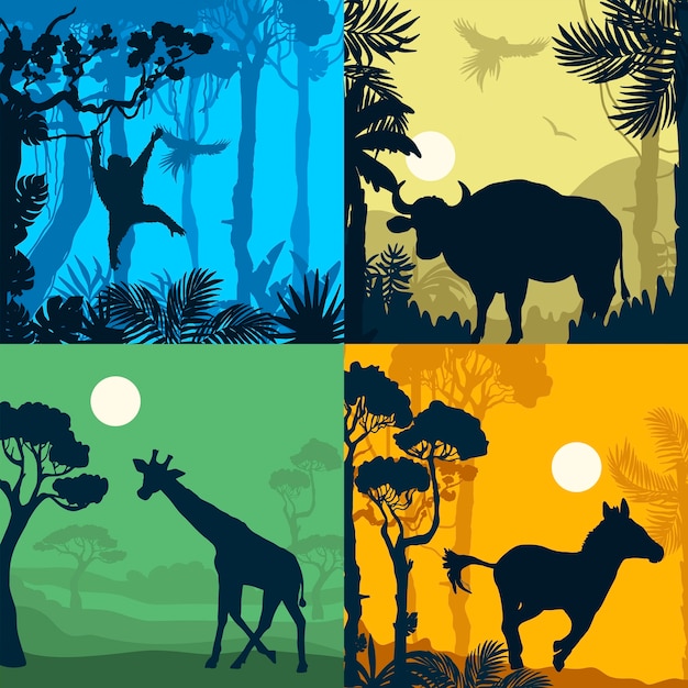 Platte dieren silhouetten illustraties set