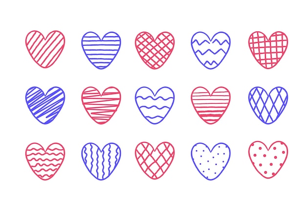 Vector platte doodle schets hand getrokken hart pictogrammen illustratie set