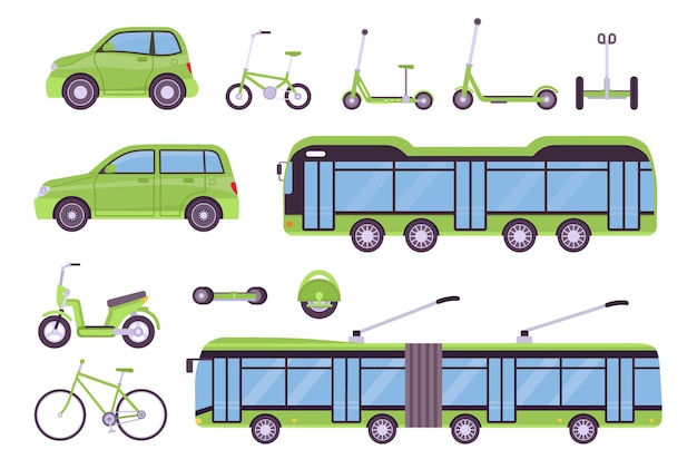 Vector platte eco transport elektrische bus, auto's, scooter, fietsen en board. stedelijke slimme ecologische voertuigen. milieuvriendelijke rit vector set