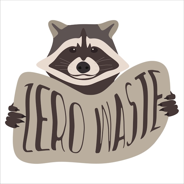 Platte ecologie illustratie met belettering Zero waste Raccoon behandelt een bord met de inscriptie