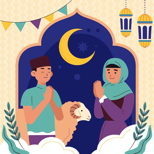 Vector platte eid al-adha illustratie met biddende mensen en schapen