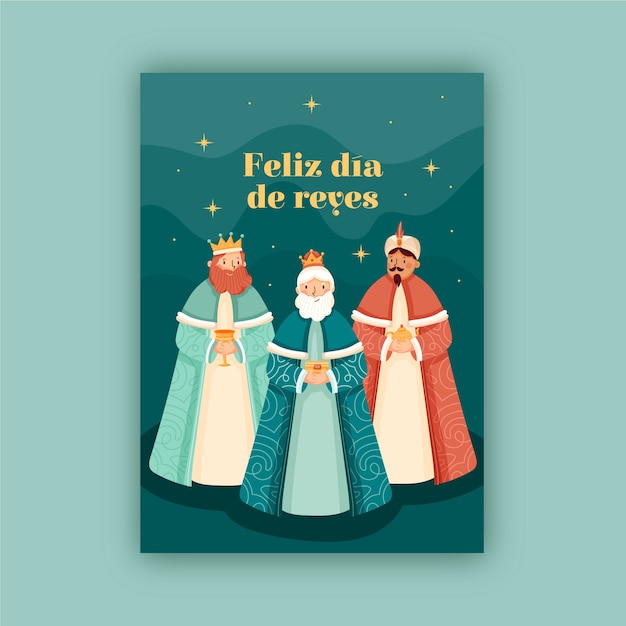 Vector platte feliz dia de reyes wenskaartsjabloon