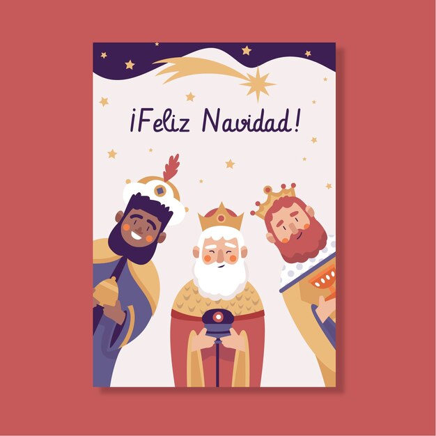 Platte feliz navidad reyes magos wenskaartsjabloon