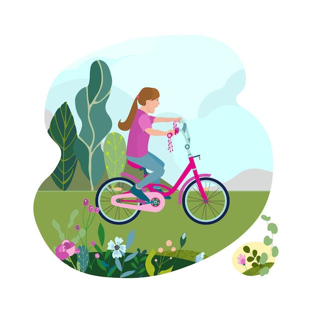 Platte gelukkig meisje jongen op de fiets op een park weg met bloemen en bladeren kind kleurrijke fiets buitensport rijden in natuurlijke zomer landschap door traject track door groen vectorillustratie