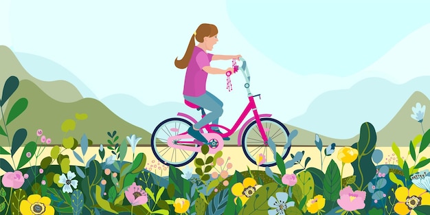 Platte gelukkig meisje jongen op de fiets op een park weg met bloemen en bladeren kind kleurrijke fiets buitensport rijden in natuurlijke zomer landschap door traject track door groen vectorillustratie