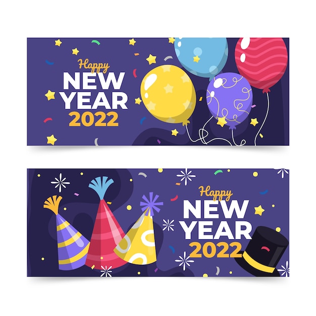 Vector platte gelukkig nieuwjaar 2022 horizontale banners set