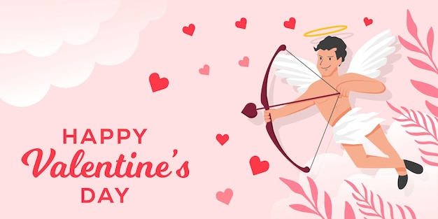 Platte gelukkige Valentijnsdag horizontale banner met cupido illustratie