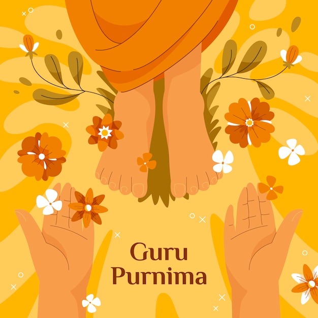 Platte goeroe purnima illustratie met voeten en bloemen