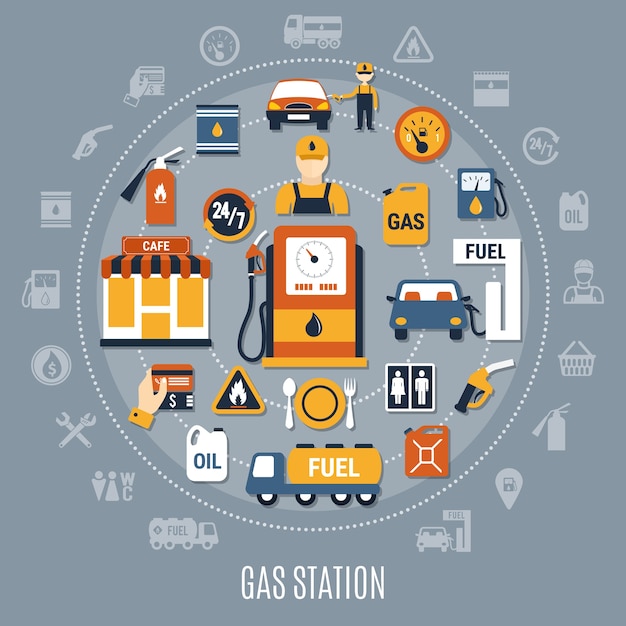 Platte grijze brandstofpompsamenstelling met grote cirkel en platte gekleurde elementen