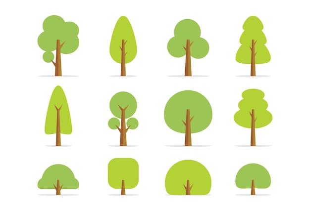 Platte groene lente cartoon bomen struiken set Vector illustratie ontwerp