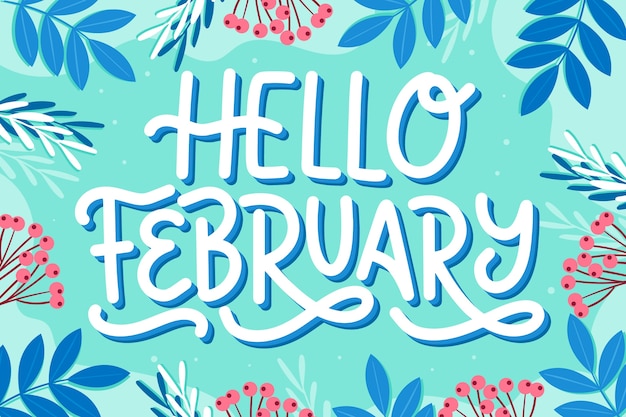 Vector platte hallo februari belettering