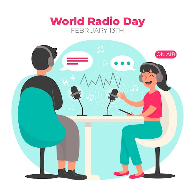 Platte hand getekend wereld radio dag illustratie