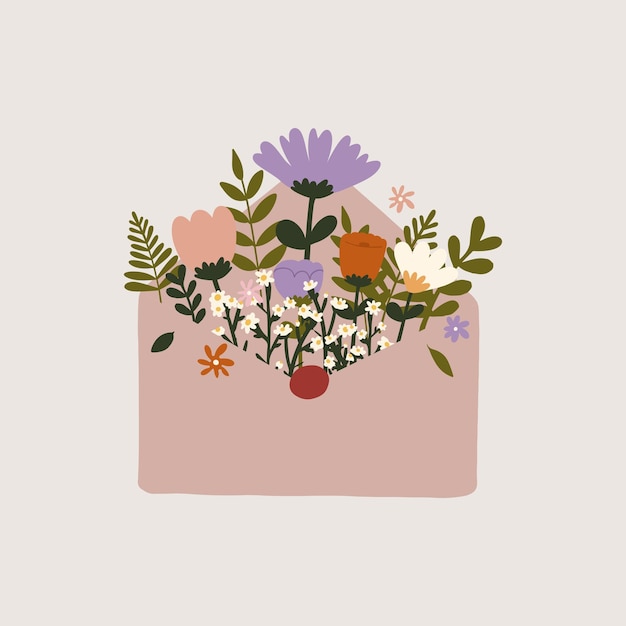 Platte hand getekende vectorillustratie van naakt pastel schattige envelop gevuld met wilde bloemen en verlof